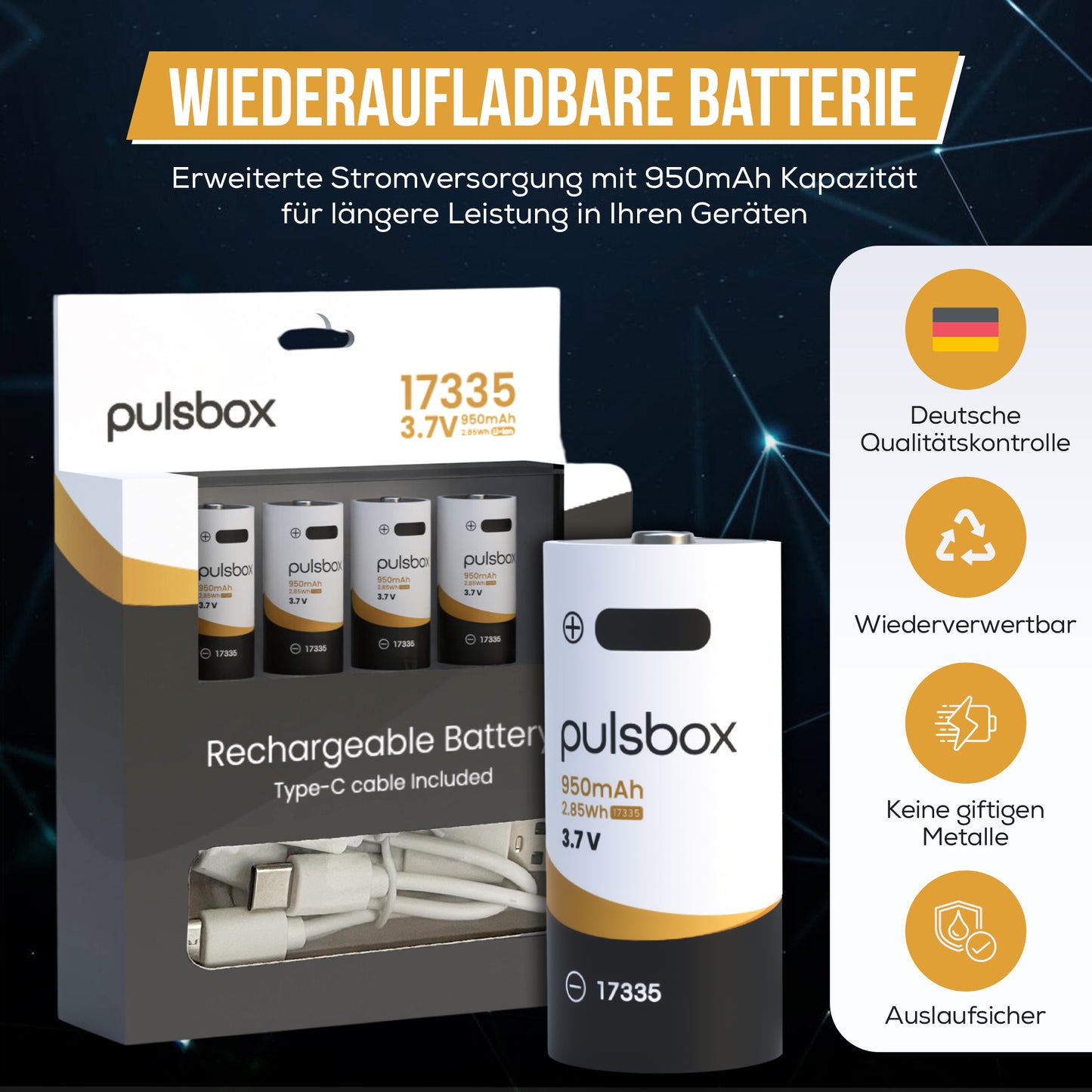 RCR123A CR123A 17335 Li-Ion Akku 3.0V | 3.7V 950mAh | USB-C wiederaufladbar | integrierter Schutz
